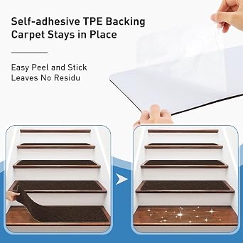 Non-Slip Stair Treads for Wooden Steps,15 Pack 8 X 30 Carpet Stairs Treads Indoor with Reusable Peel and Stick Adhesive for Elders and Pets,Polyester TPR Backing