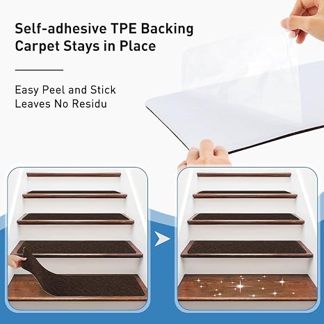 Non-Slip Stair Treads for Wooden Steps,15 Pack 8 X 30 Carpet Stairs Treads Indoor with Reusable Peel and Stick Adhesive for Elders and Pets,Polyester TPR Backing