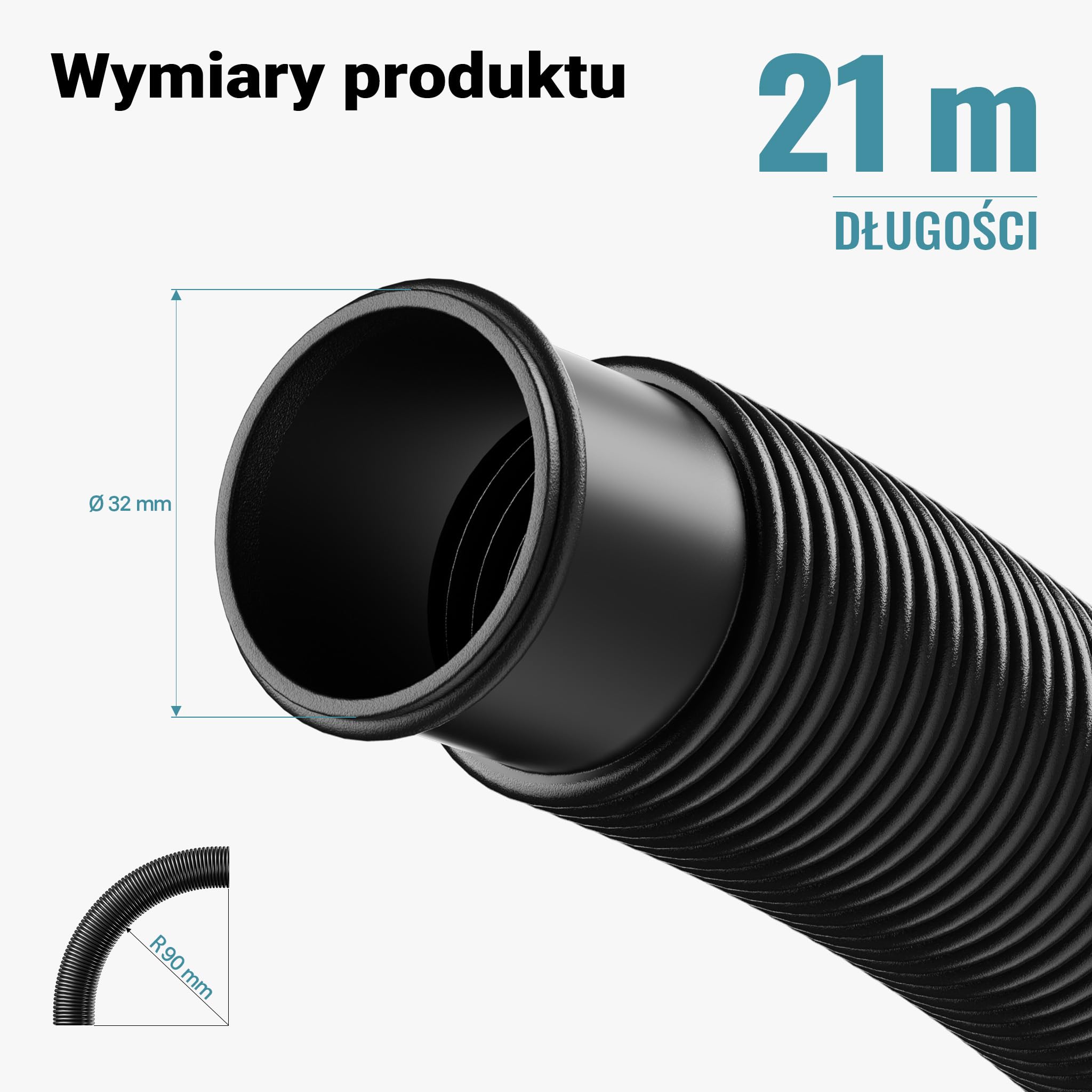 Wiltec Wąż do basenu o długości 21 m, Ø 32 mm czarny wąż ssący do pompy basenowej z mufami, wąż solarny - Made in EU