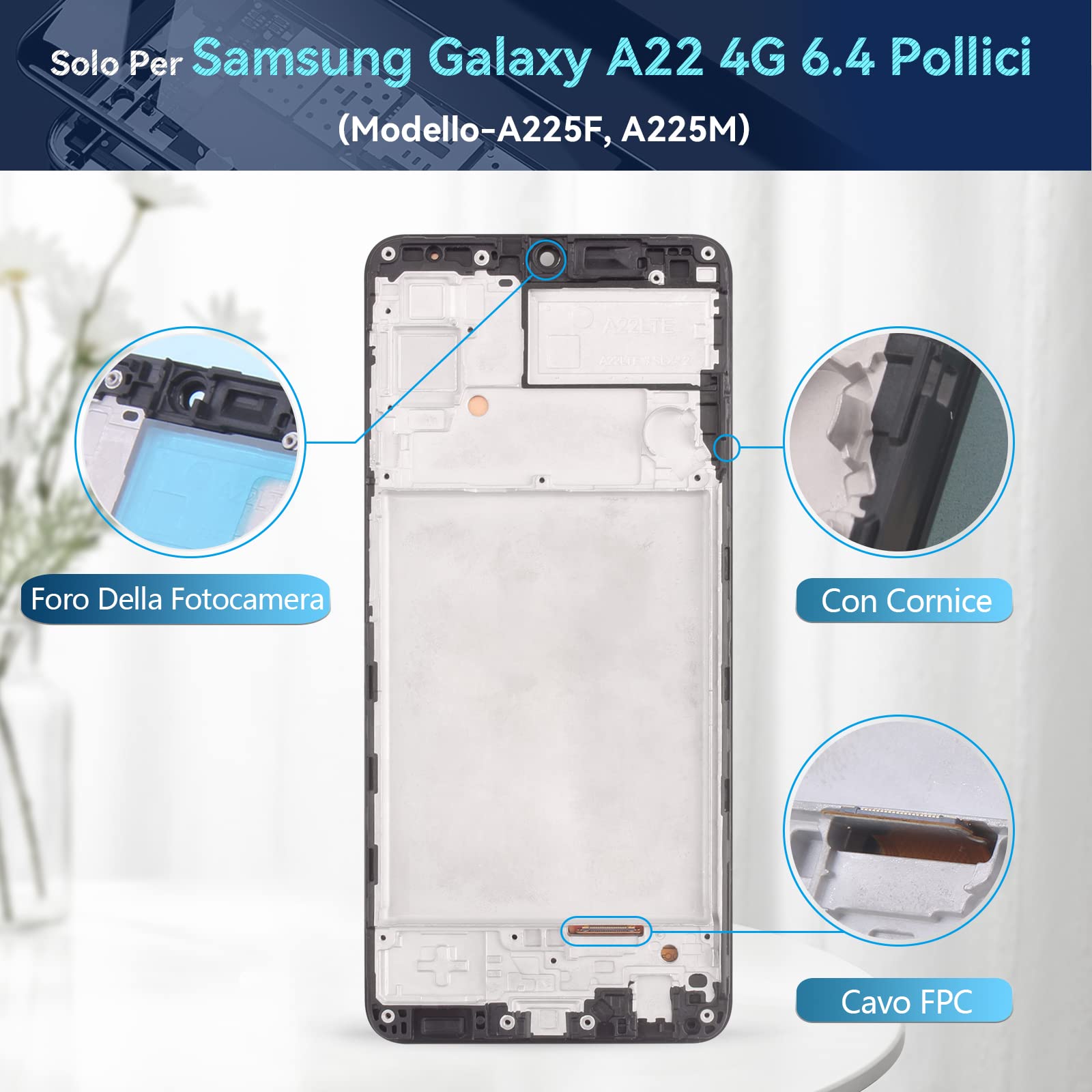 RongZy LCD Display per 6.4" Samsung Galaxy A22 4G A225F A225M Schermo LCD Touch Screen Assemblea Sostituzione di Vetro Digitalizzatore con Strumenti(Nero con Cornice)