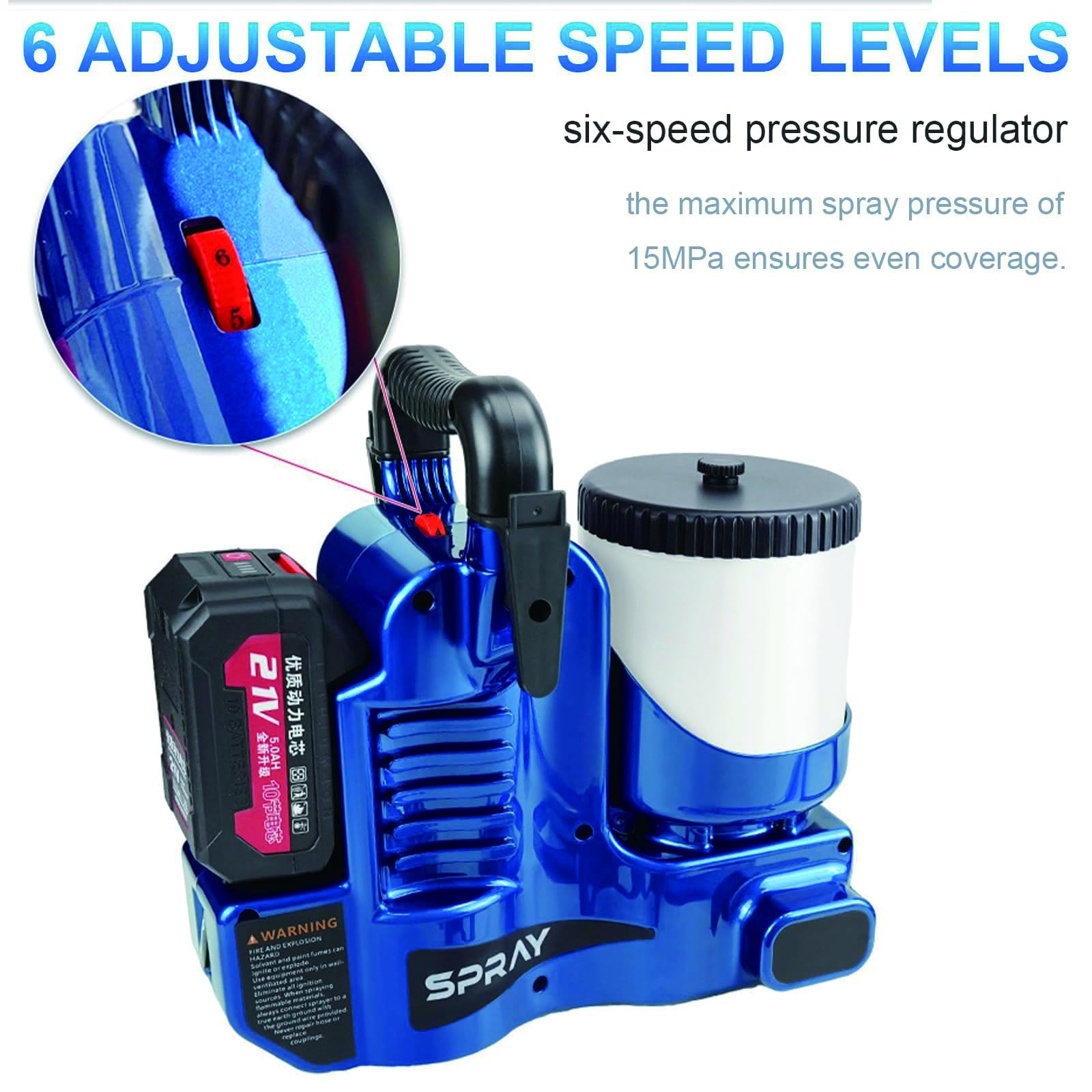 Pistola De Pintura A Alta Presión 500W, Máquina De Pulverización Airless Inalámbrica con Batería De Litio 21V, 1,1L/Min, 6 Velocidades Ajustables, Tolva 1,2L, Presión Máx 15MPa