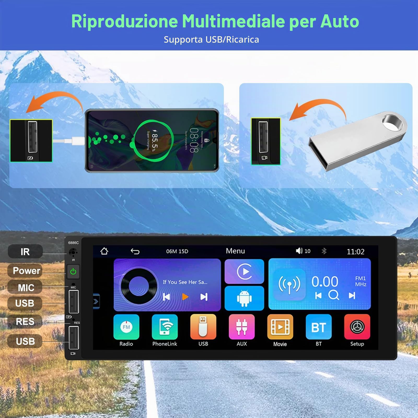 Podofo Autoradio 1 Din con Carplay Bluetooth Android Auto, Auto Radio con 6,86 Pollici Schermo Supporta Connessione Specchio FM, Telecamera Posteriore e Microfono