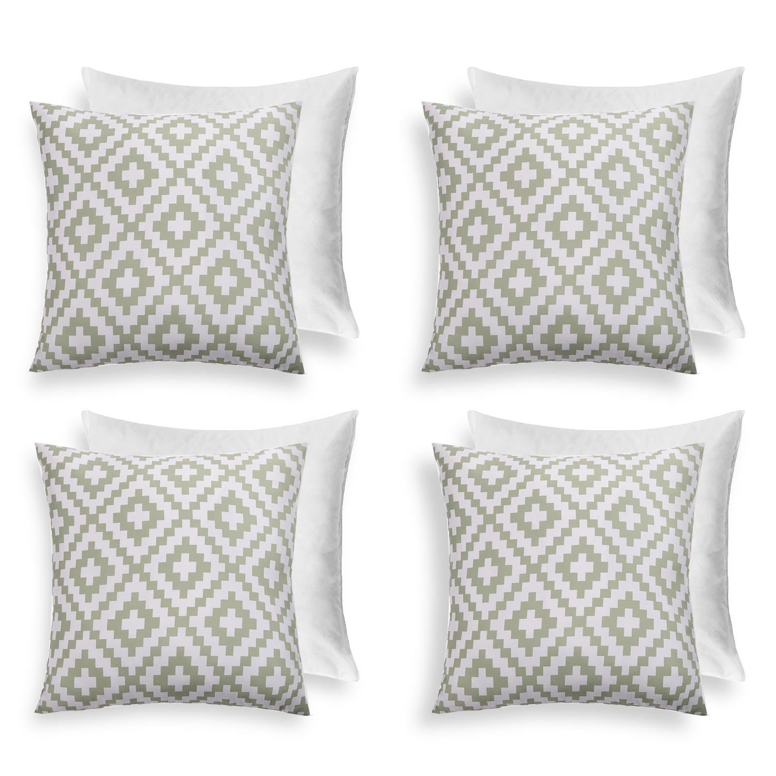 Brentfords Sage Green Geo Ohs Geometric Cushions With Covers Included 45 X 45Cm Set Of 4 Outdoor Cushions Waterproof Soft Decorative Patio Garden Cushion Home Decor Outdoor Bench Cushion With Invisible Zipper, White/Sage