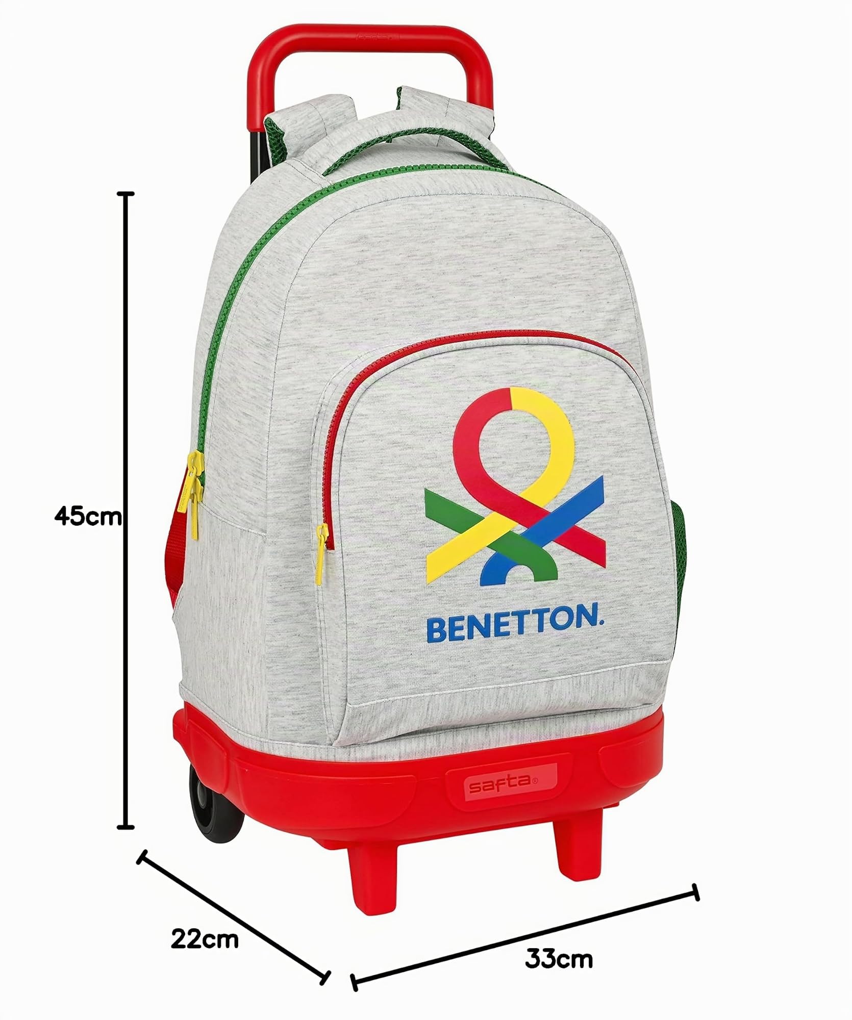 BENETTON Pop - Mochila Grande con Ruedas, Compacta, Extraíble, Ideal para Niños de Diferentes Edades, Cómoda y Versátil, Calidad y Resistencia, 33x22x45 cm, Color Gris
