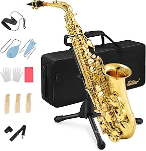 Eastar AS-Ⅱ Student Alto Saxophone E Flat Gold Lacquer Alto Beginner Sax Full Kit With Carrying Sax Case Mouthpiece Straps Reeds Stand