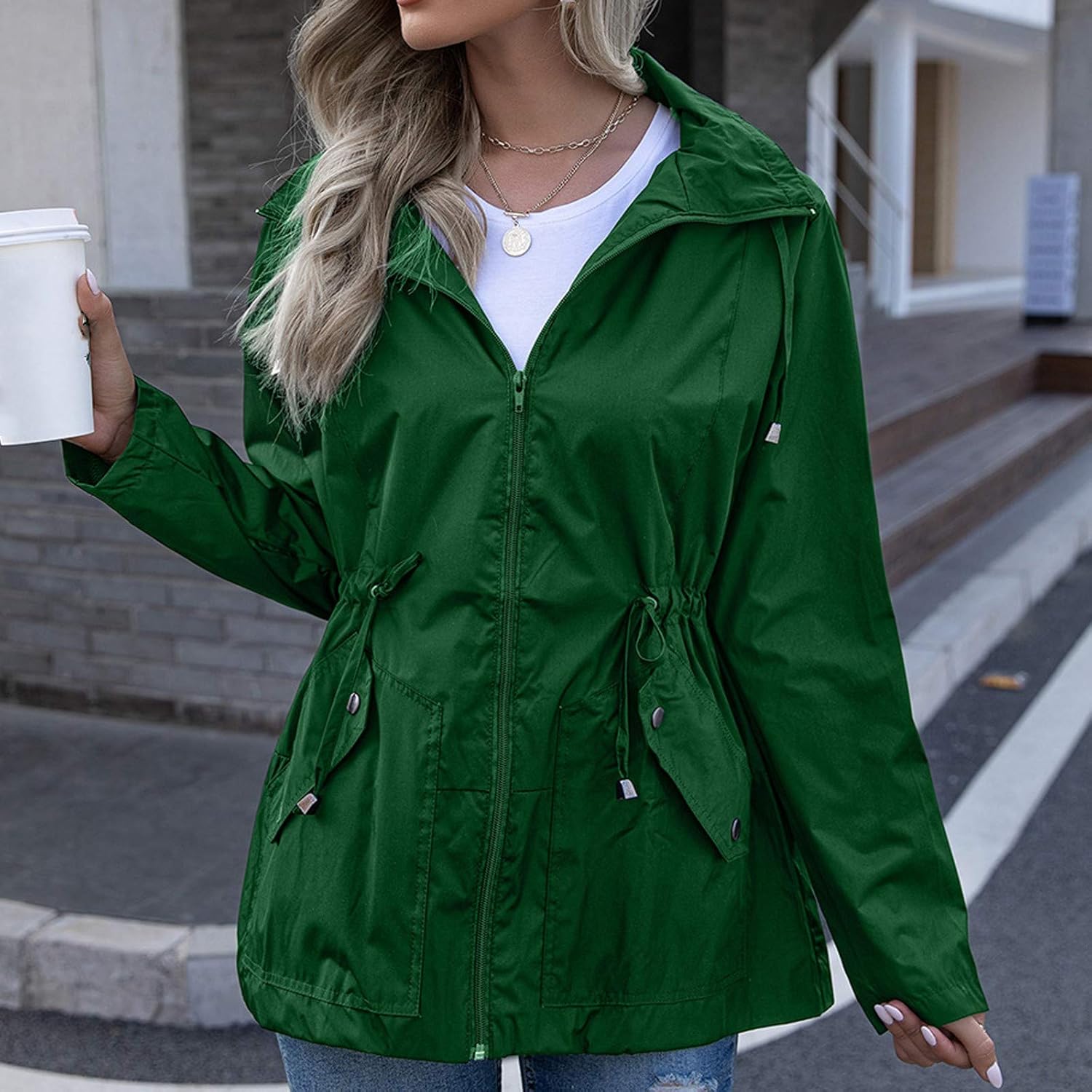 Mid-Length Raincoat Women Waterproof Hooded Jacket Ladies Outdoor Sports Casual Rain Jacket Mountain Ski Anorak at  Women’s Clothing store