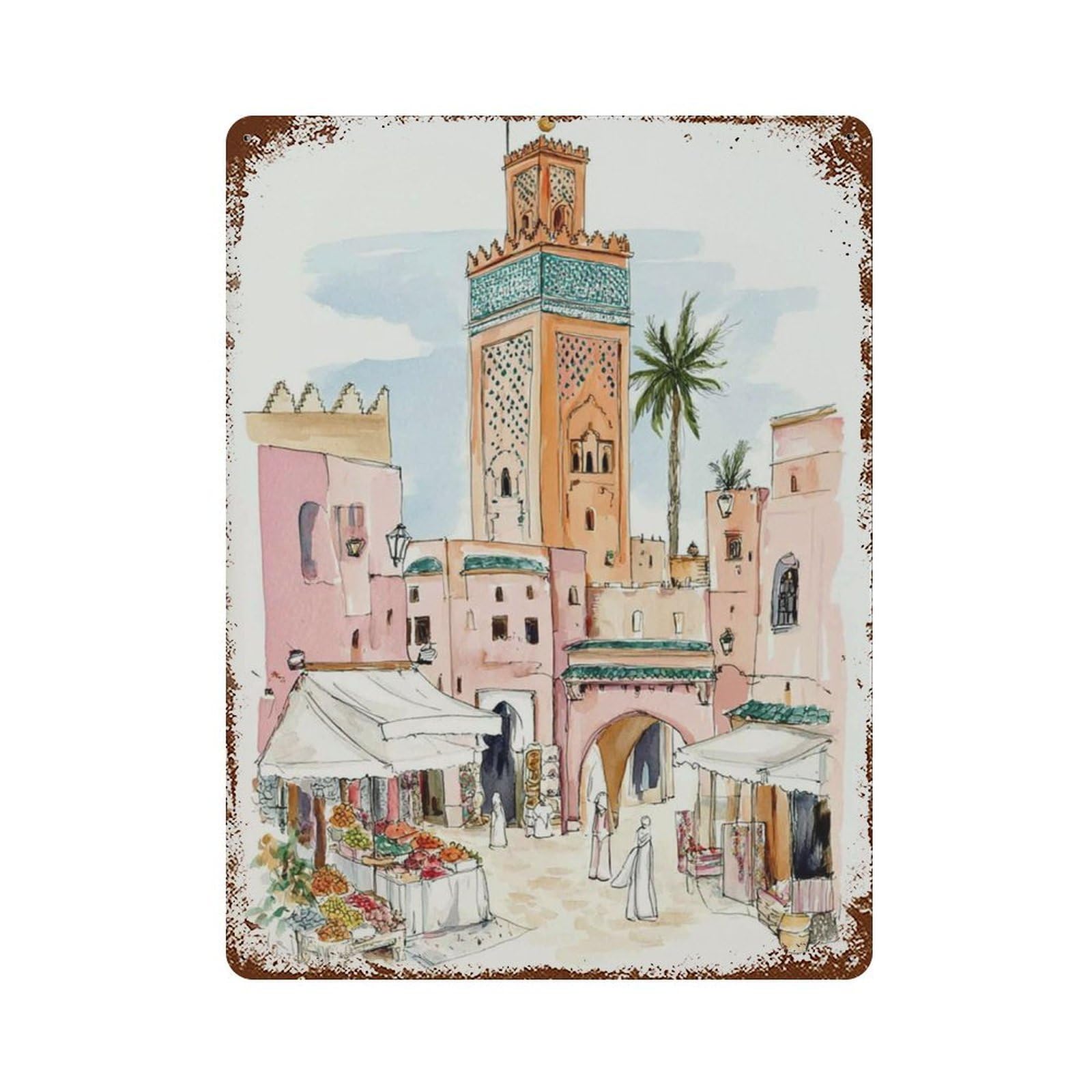 xiaoxiaoshen Marrakech Market Moroccan Watercolor Architecture Exotic Travel Boho Home Work Wall Decor Art Metal Tin Poster Modern Home Decor Art Home Bar Shop Decorations Vintage Sign 40x30cm