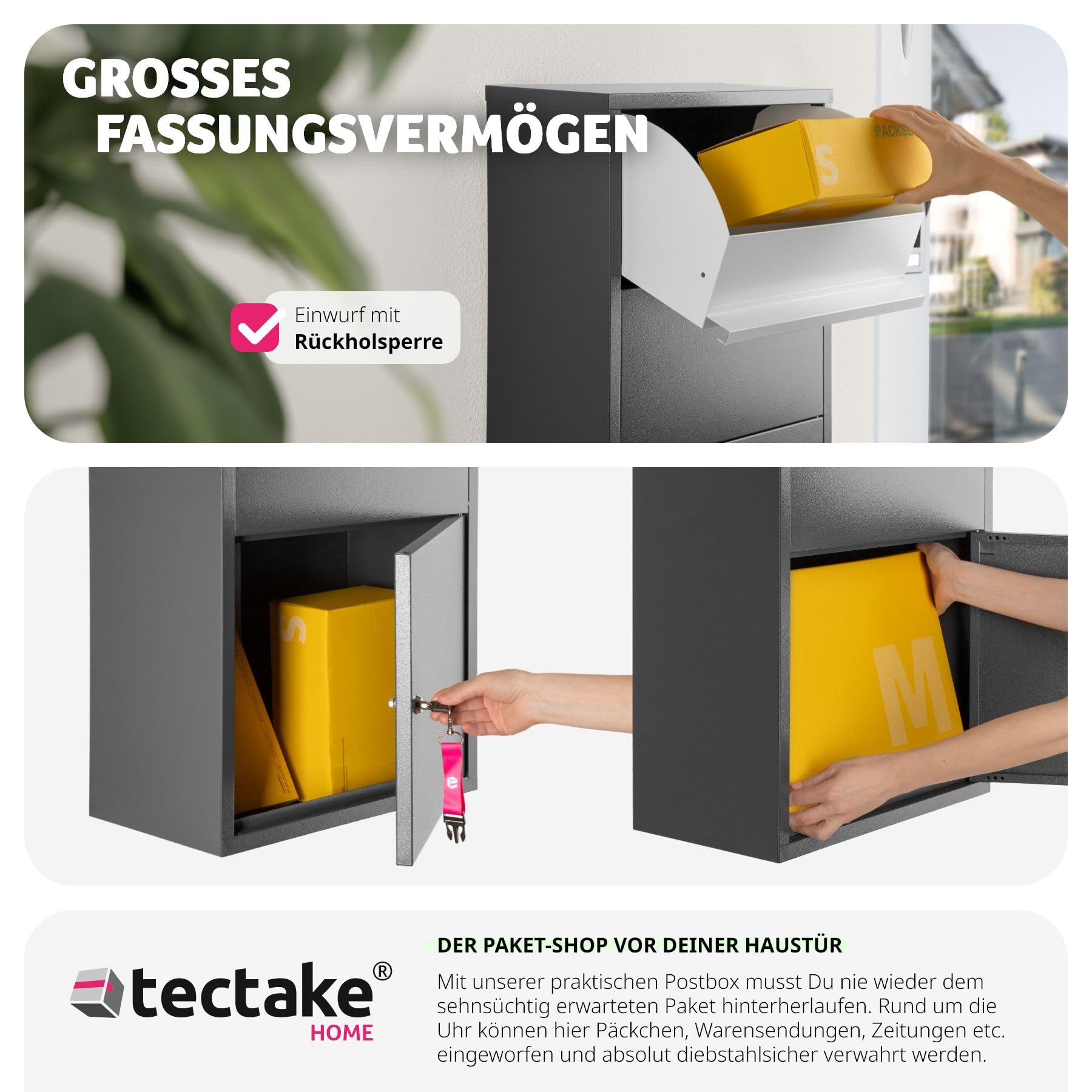 tectake® Paketbox, Briefkasten groß, Postkasten mit Schloss, 44 x 22 x 82 cm, mit Rückholsperre, Briefkasten XXL für Paket und Brief, massiv, Wandmontage, ermöglicht kontaktlose Zustellung