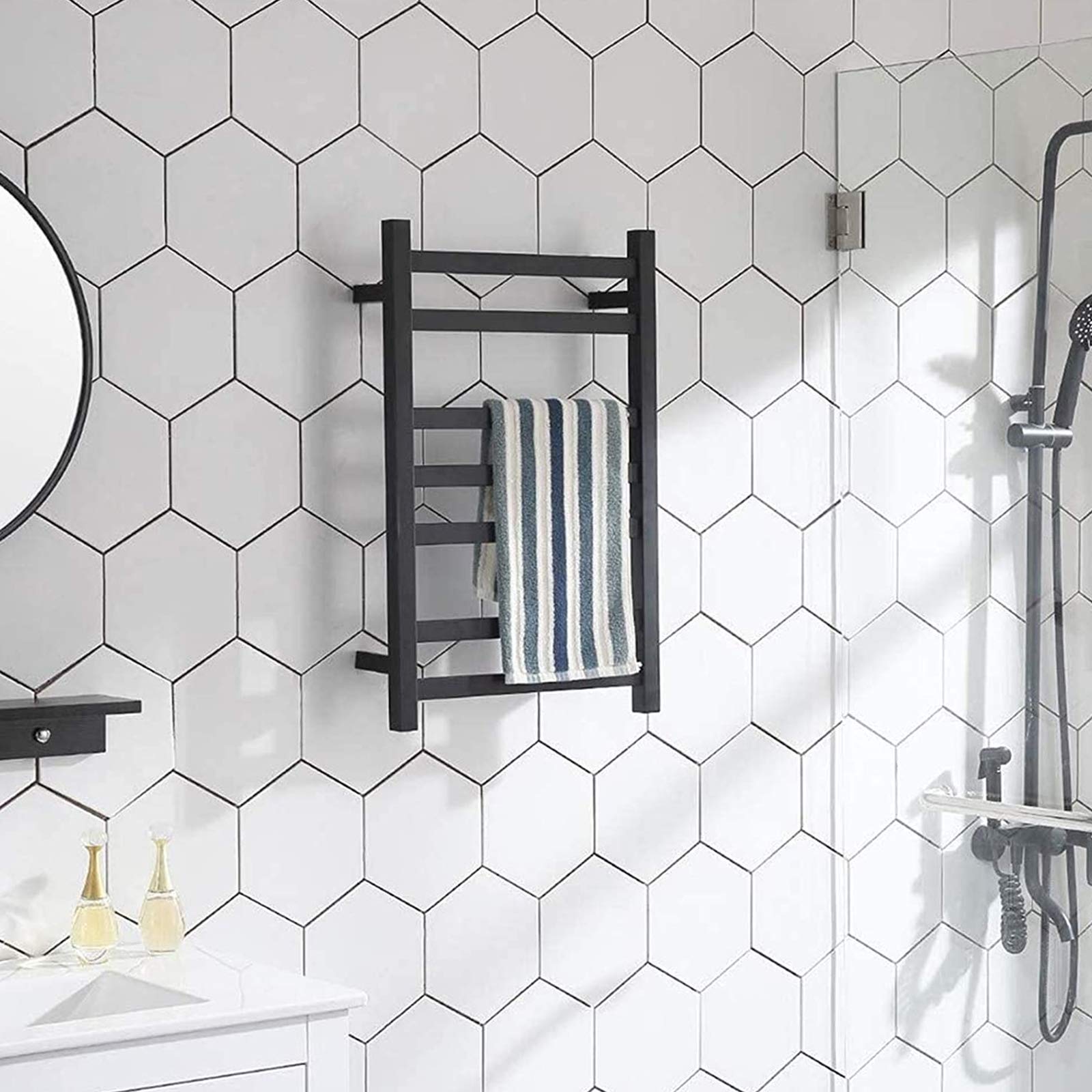 ZQFIDFYR Electric Heated Towel Rail Bathroom Radiator 7-Bar Wall Mounted Towel Warmer Drying Rack, 304 Stainless Steel Electric Heated Towel Rack, Energy Efficient 80W (Black Hardwired)