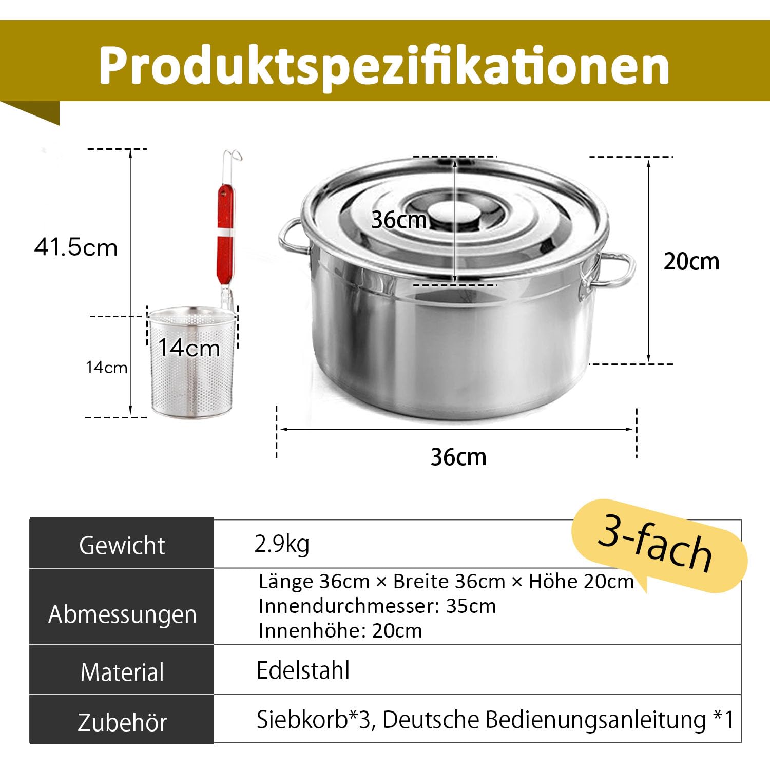 Kurflo Kommerzieller Nudeltopf, Edelstahl, für Ramen, Udon, Spaghetti & Fondue, geeignet für Gasherd & Induktion, inkl. Abtropfsieb und Aufhängehaken (mit 3 Siebeinsätzen)