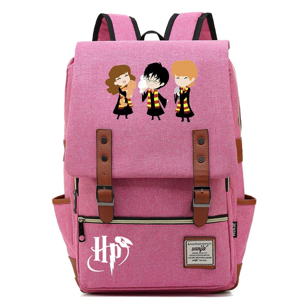 Yiunl Unisex Kids Pink Lightweight Harry/Ron/Hermione Lunch Bag For Children, Harry Magic Bookbag Elementary School, Durable Canvas Backpack Medium
