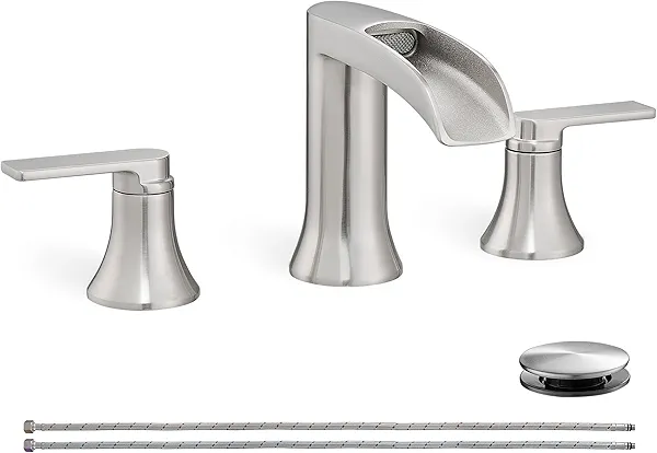 HOIGY Brushed Nickel Bathroom Faucet 3 Hole, 4-8 Inch Waterfall Bathroom Sink Faucet Widespread with Drain & cUPC Supply Hose, 2 Handles for Vanity, Lavatory, Restroom, Brass Material, 10 Mins Install