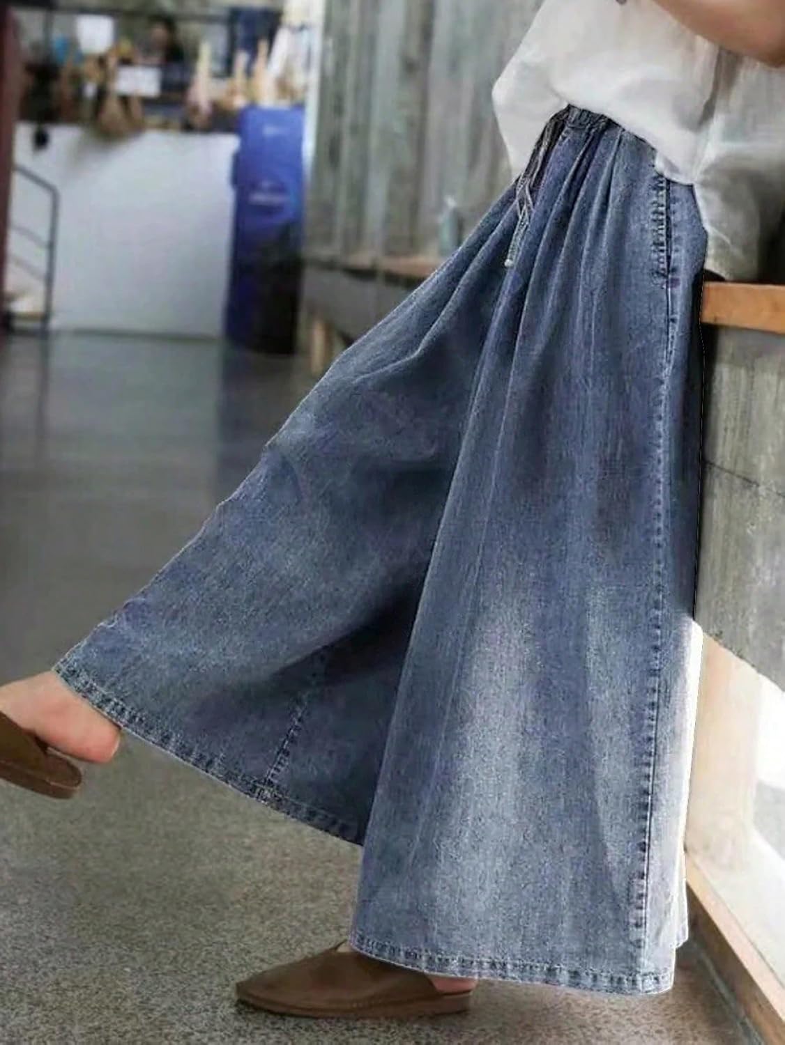 Baggy Wide Leg Jeans for Women Plus Size Loose Elastic Waist Long Denim Pants with Pockets Casual Drawstring - Image 5