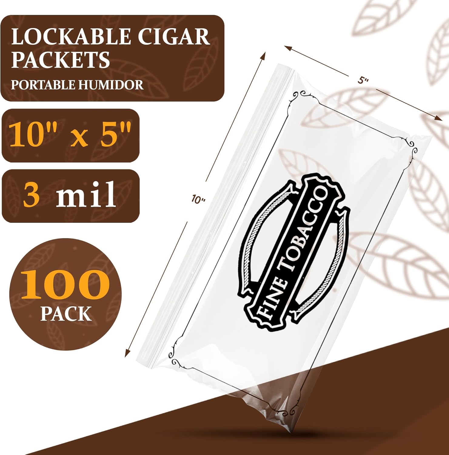 APQ Supply Clear Printed "Fine Tobacco" Cigar Bags Plastic, 10 x 5 Inches. Pack of 100 Reclosable Zipper Bags for Cigars. Polyethylene Cigar Travel Bag, 3 Mil. Small Plastic Baggies for Storing Cigars