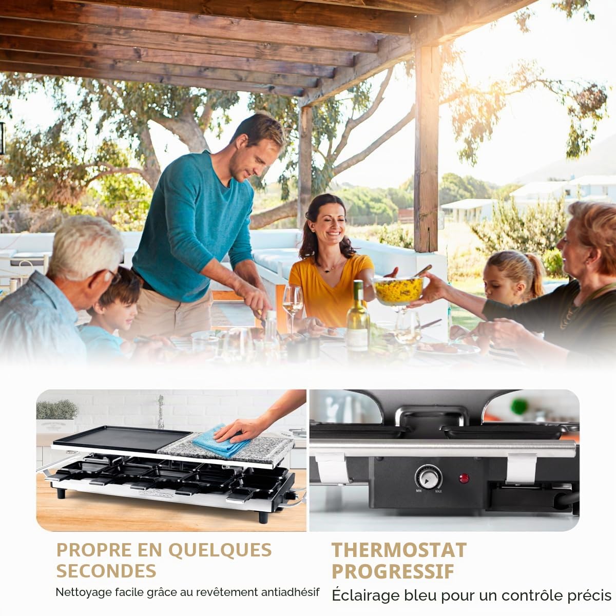 ProfiCook® 2 en 1 Raclette-Grill | 10 personnes | Plaque en pierre et plaque de grill | Revêtement antiadhésif | Thermostat réglable en continu | 1700 watts | Acier inoxydable | PC-RG 1144