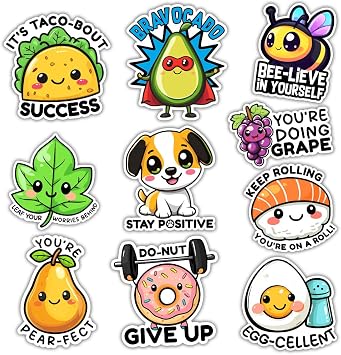 10pcs Funny Motivational Pun Sticker, Positive Daily Affirmation Stickers, Kawaii Mental Health Decal Inspirational Quotes for Adult Teacher Gifts Decorations for Car Water Bottles Scrapbook