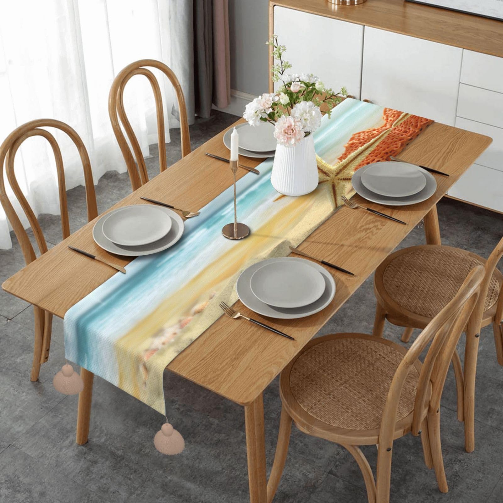 Runner Da Tavolo Estivo Con Conchiglie E Stelle Marine - 40x140 Cm, Decorazione Per Feste E Casa - Foto 7