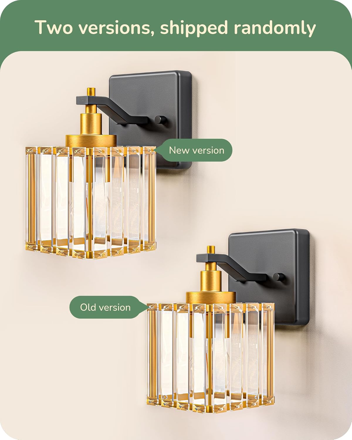 EDISHINE Wall Sconces Set of Two, Bathroom Light Fixtures with Crystal Shade, Modern Vanity Lights, Black Gold Lighting Fixtures Over Mirror, Indoor Wall Lamp, E26 Base