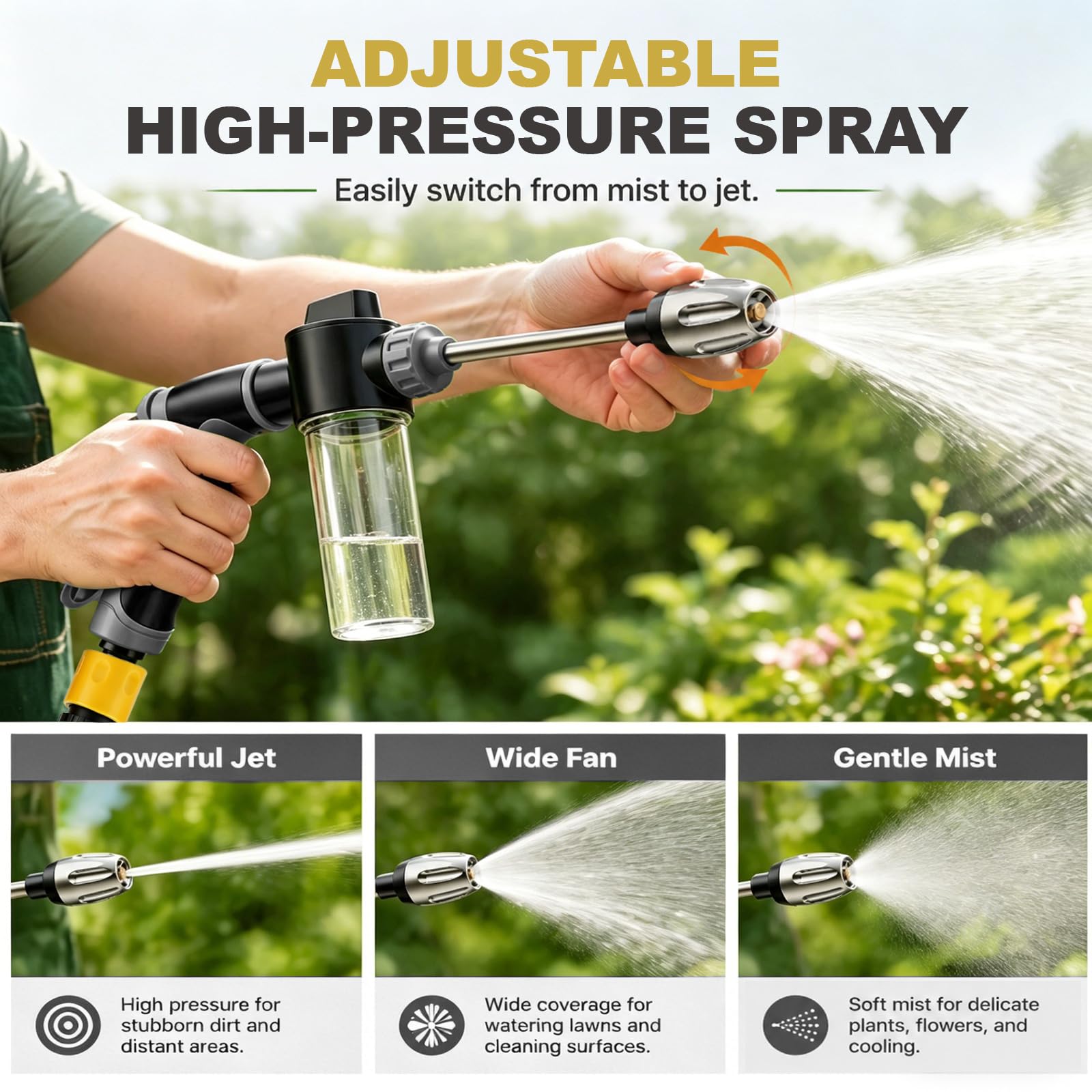 Jetterix Lancia Idropulitrice Portatile con Serbatoio Schiuma, 3 Getti Regolabili e Tubo Allungato – Per Auto, Terrazzi e Giardino