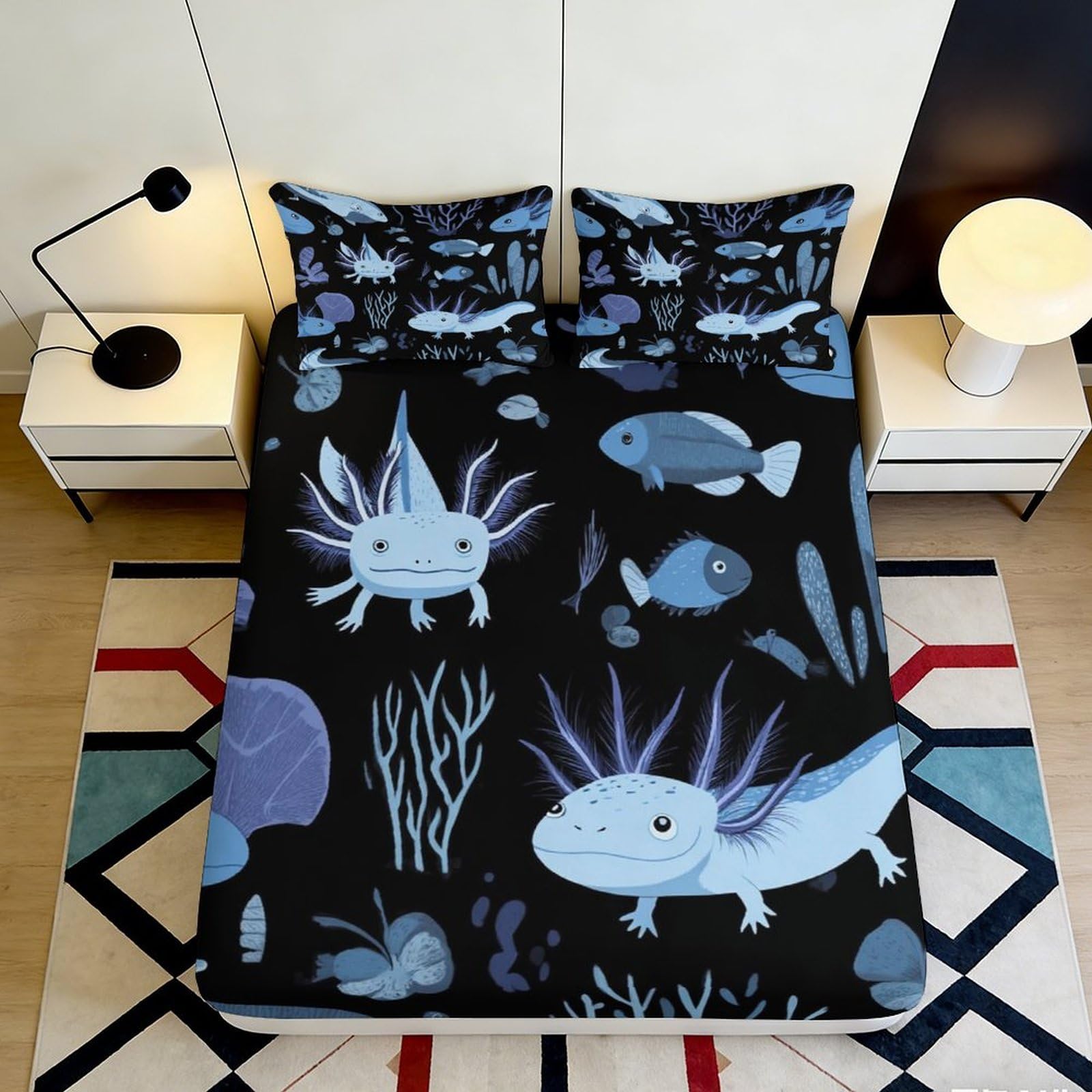 3D Printed Axolotl Fitted Sheet Microfiber Soft Breathable Underwater Creatures Bed Cover for Bedroom Dormitory Guest Room Mattress Protection Decor 180x200x25cm