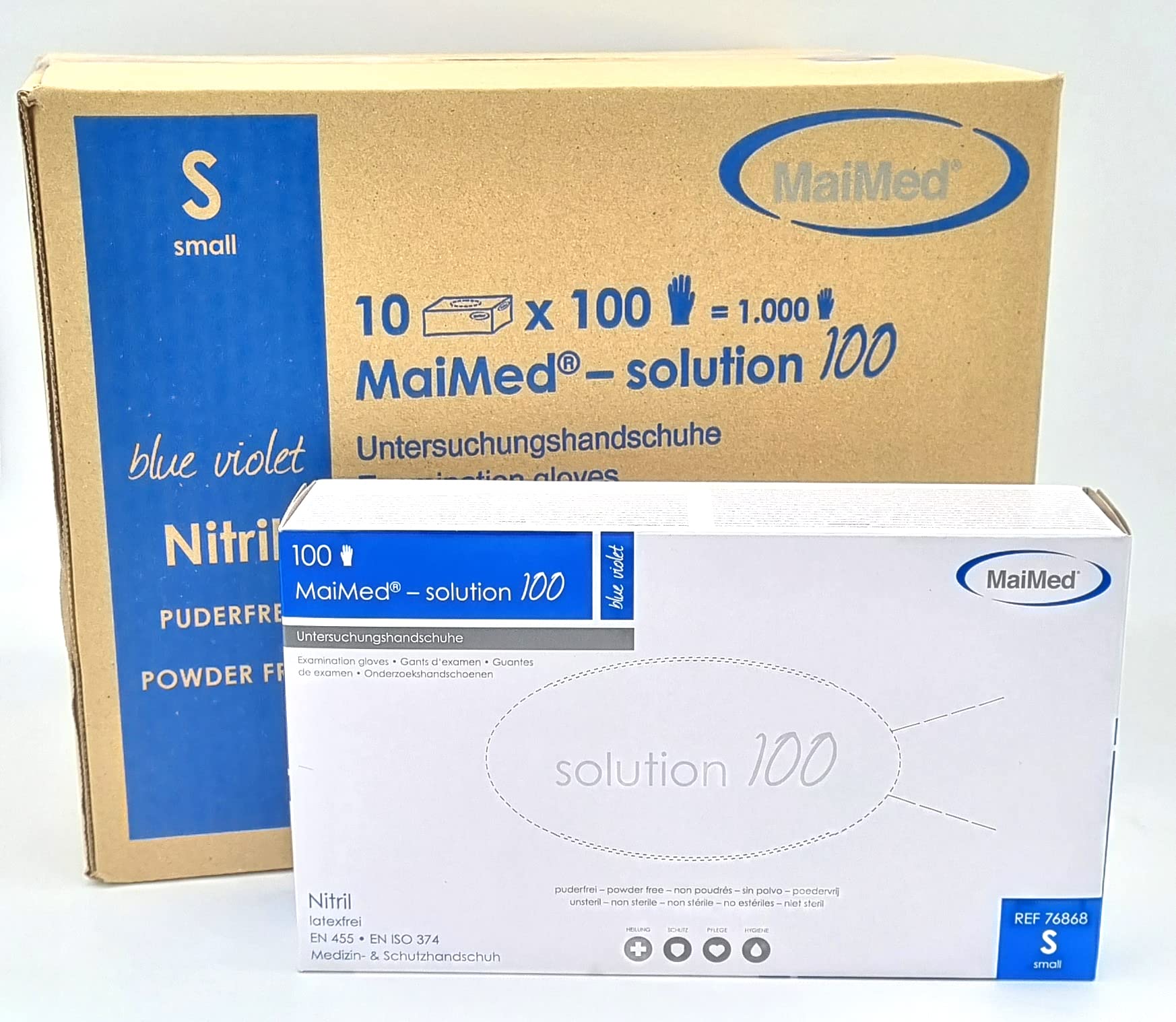 MaiMed Solution 100 Guanti in nitrile | Taglia S | Senza polvere | Senza lattice | Blu-Viola | Portatile ambidestro | Adatto per alimenti e medicinali | Non sterili | 10 scatole | 1000 pezzi (S)