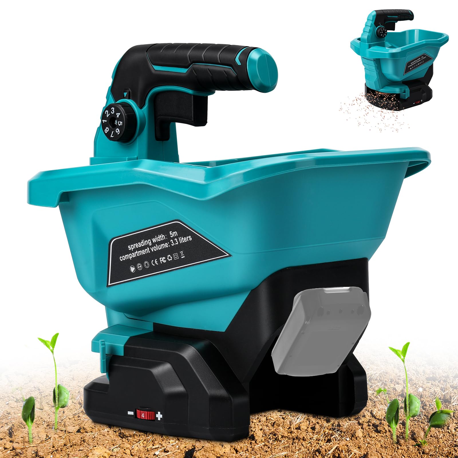 Roadtime Dngerstreuer fr Makita 18V Akku,Tragbar Handstreuer mit  6-stufige Drehzahlregulierung,Power Spreader 3,7 L,8-stufige  Winkelverstellung Saatgutstreuer,deckt bis zu 800 m ab(ohne Akku)  :  Amazon.de: Garten