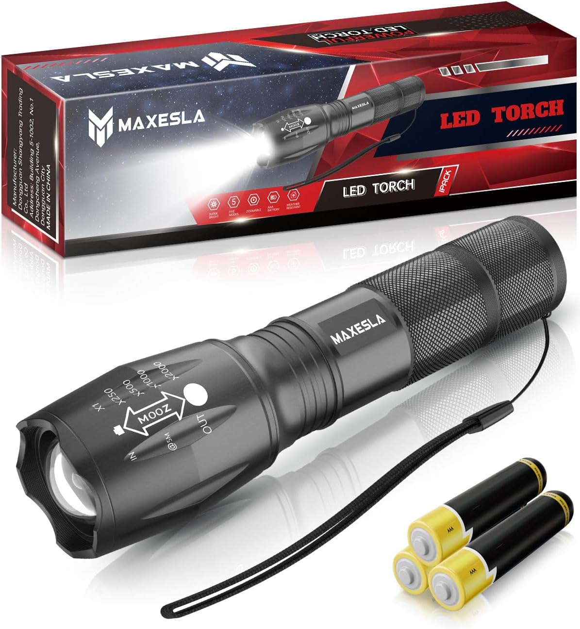 Maxesla LED Torch Battery Powered,Zoomable Torches Led Super Bright,Gifts for Men Dad Kids,Powerful Torches Water,Resistant 5 Modes Small Tactical Torch for Camping Xmas