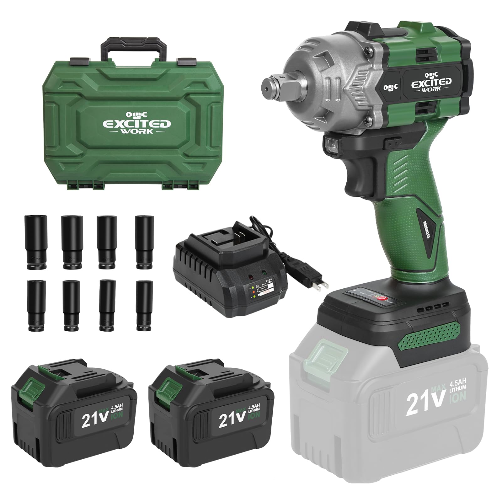 Excited Work 20V Brushless Impact Wrench Kit, 600Nm 1/2 Inch