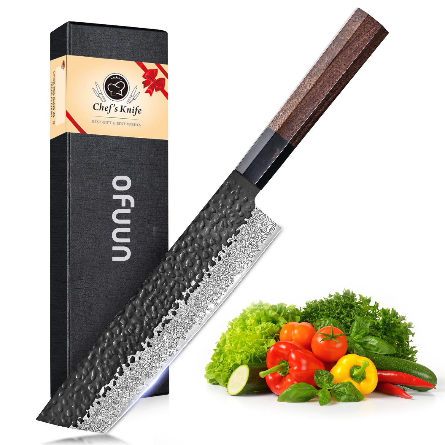 Coltello da Cucina Nakiri Professionale 18 cm, Coltello da Chef Giapponese Damasco, Coltello in Acciaio Inossidabile ad Alto Tenore di Carbonio VG-10, Manico in Palissandro e Confezione Regalo