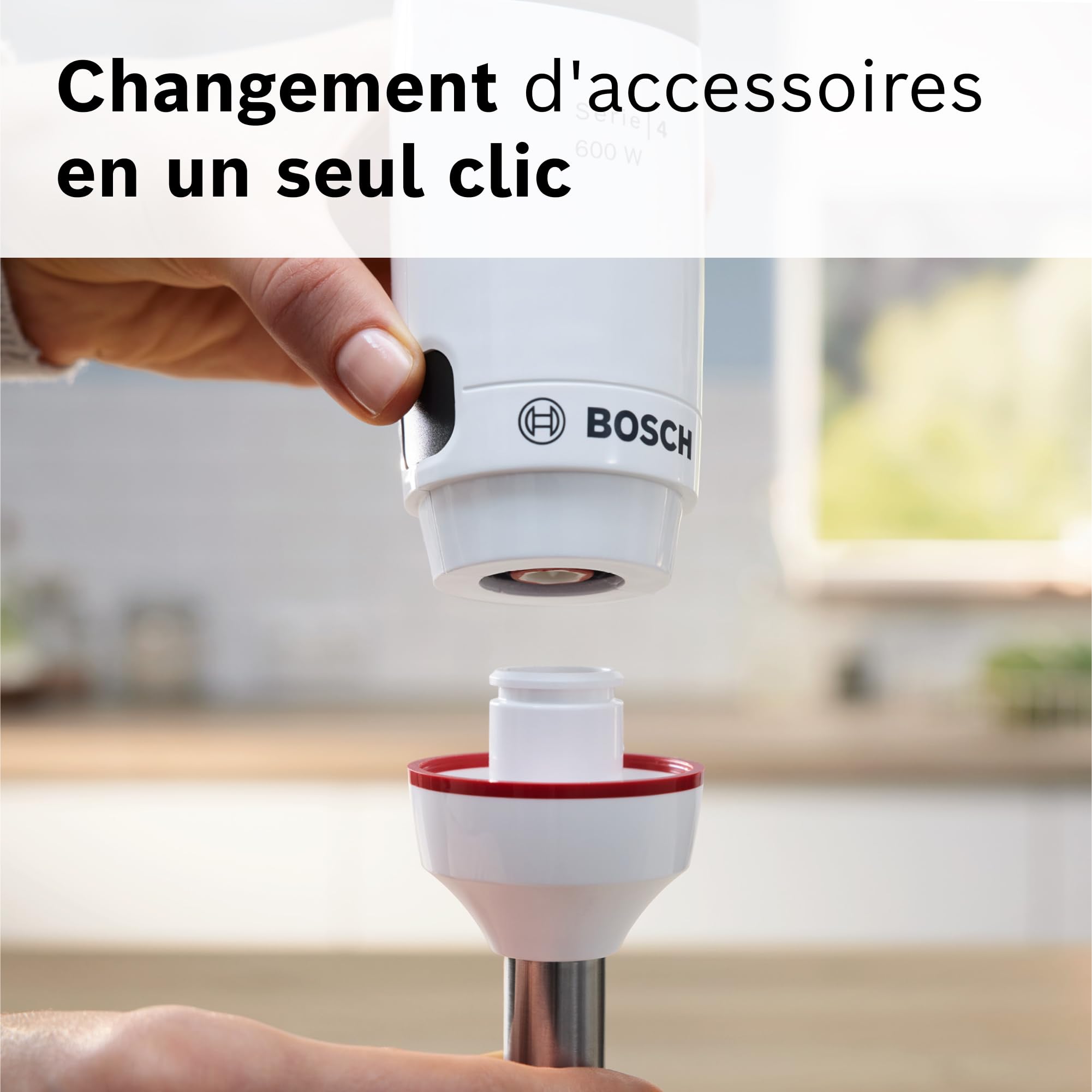 Bosch, mixeur plongeant, ErgoMaster Série 4, moteur 600 watts, variateur de vitesse, système de mixage QuattroBlade, accessoires inclus, blanc, MSM4W210