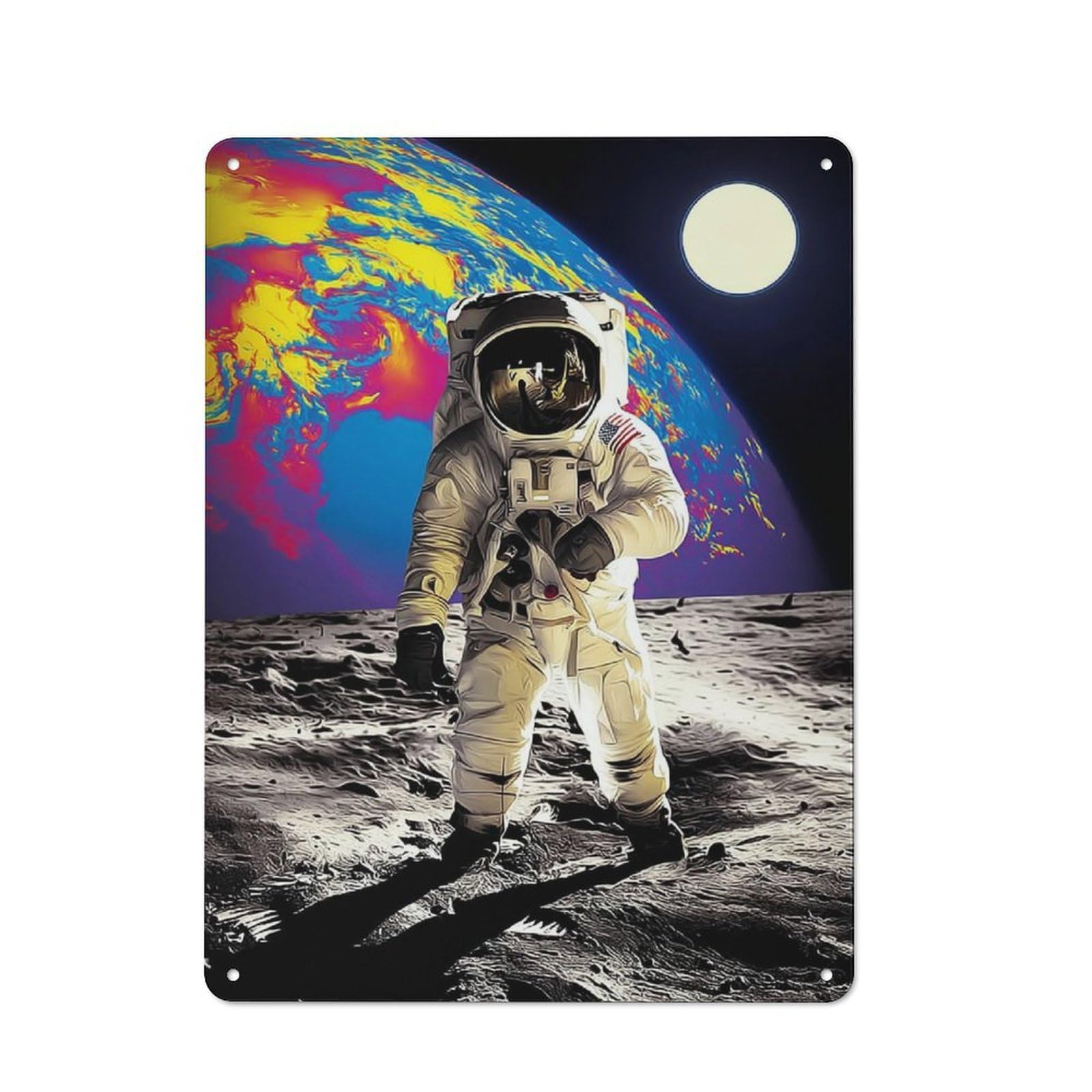 Junmoney Astronaut On The Moon With Earth In Backgroun D Vintage Tin Sign 40X30cm For Lounge Or Reading Corner, For Reading Corner Decorators