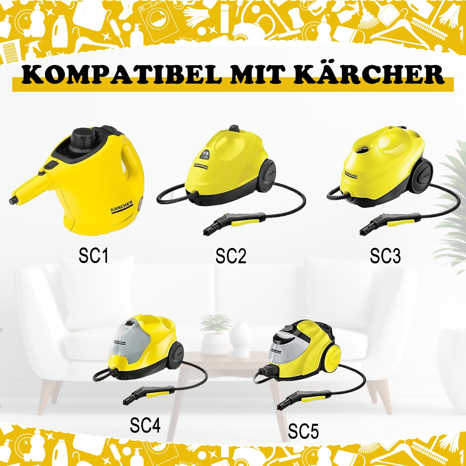 Dieses 18-teilige Zubehörset für Dampfreiniger ist mit den Kärcher-Modellen SC1 bis SC5 kompatibel und beinhaltet eine Düse, eine Bürste, einen Abzieher und einen Schaber.