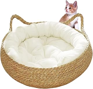 Cama de mimbre para gatos de interior, 15 x 5 pulgadas, 2 en 1, con cojín suave, a prueba de arañazos, acogedora cesta redonda de mimbre para gatos