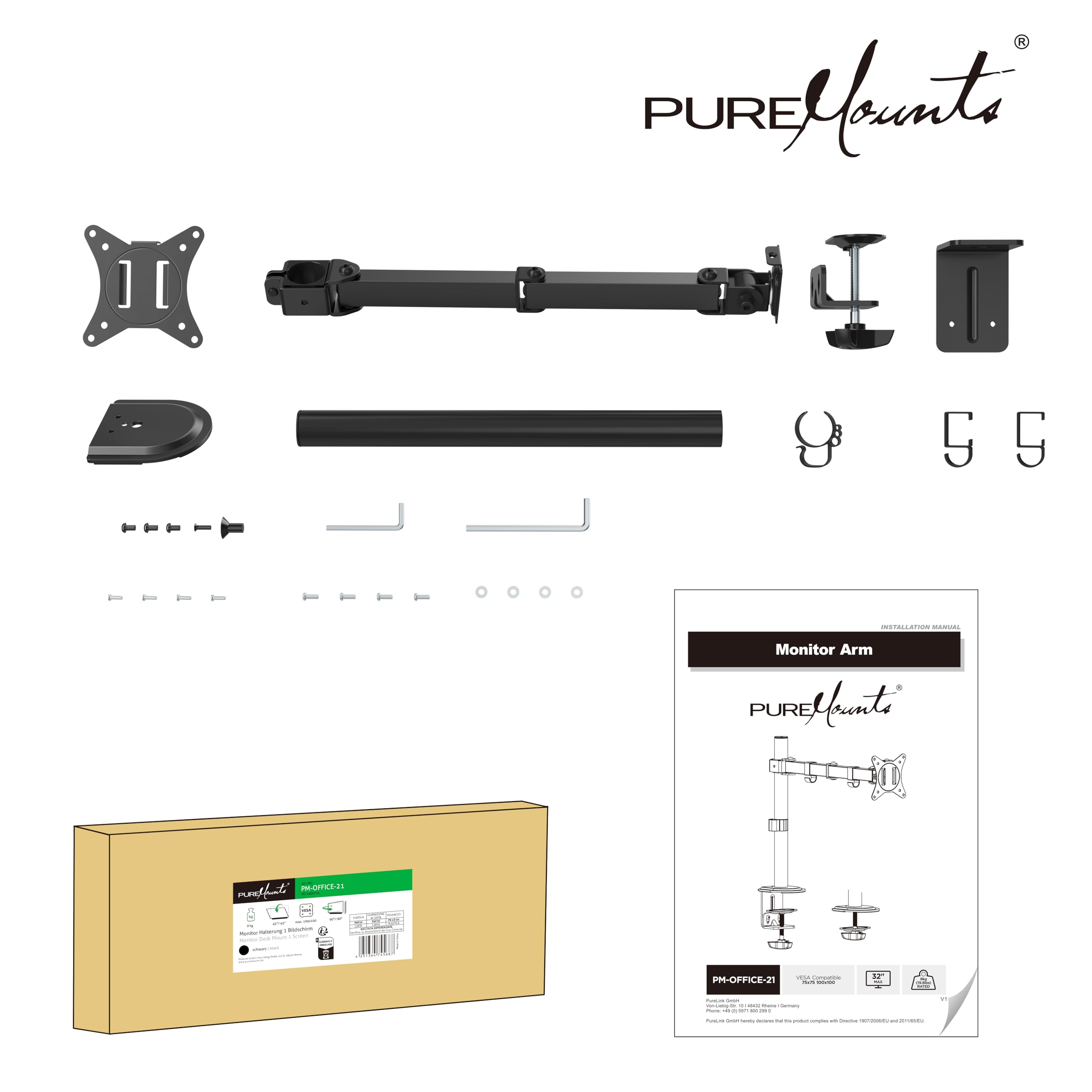 PureMounts supporto per monitor, per 1 schermo, 17 a 32 pollici, regolabile in altezza, inclinabile di +45°/-45°, orientabile con braccio girevole di 90°/-90°, VESA 100, supporto da tavolo, nero