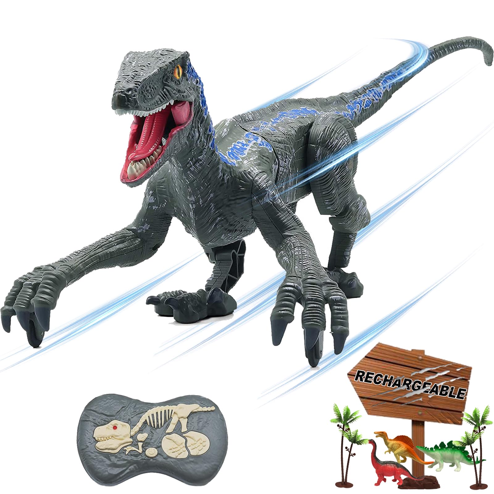 Remote Control Dinosaur Toys for Boys Kids Girls 3 4 5 6 7 8 Electronic RC Robot Toy Walking Roaring Velociraptor Realistic 18.1" Jurassic Dino Rechargeable Raptor Blue Birthday Gift