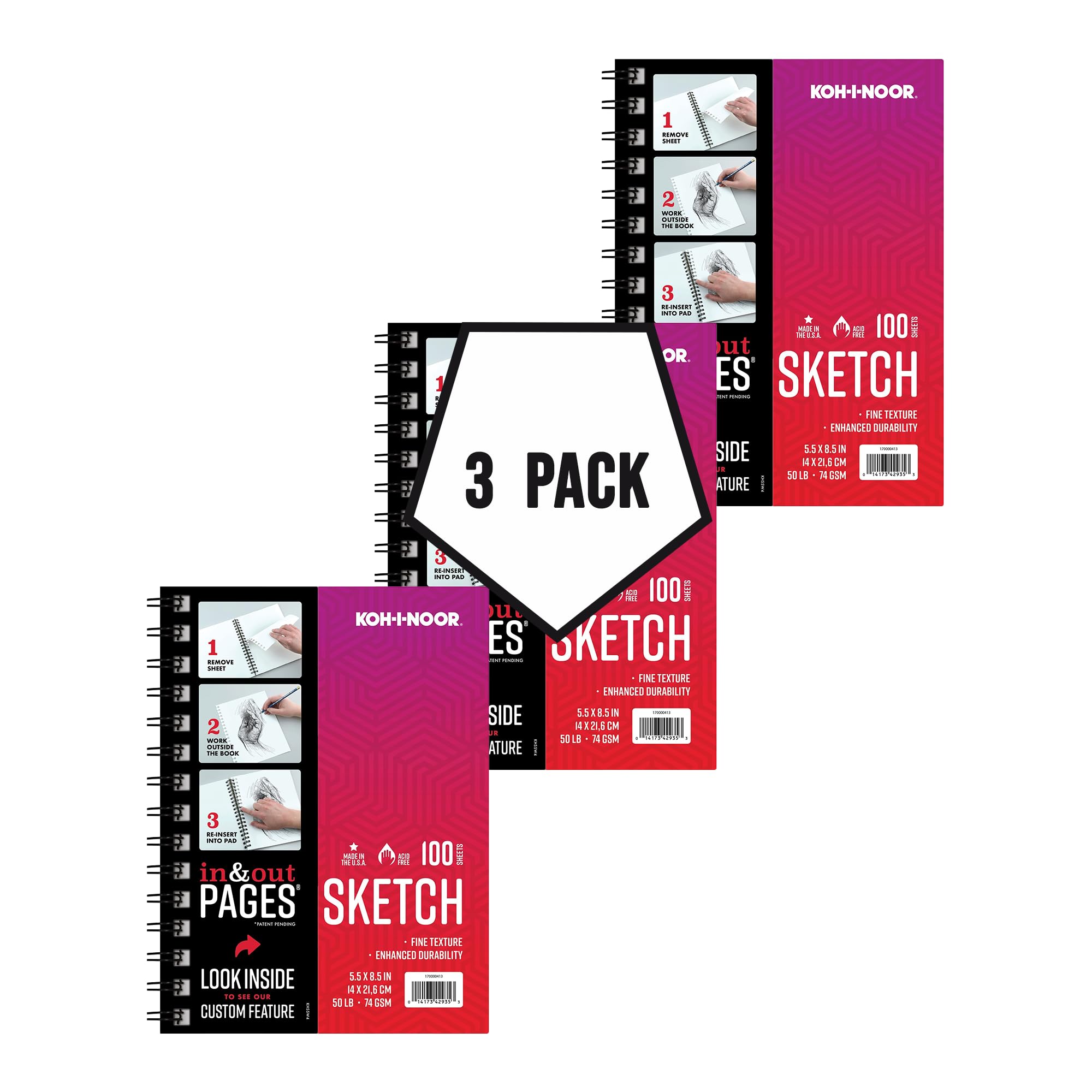 Koh-I-Noor5.5" x 8.5" Sketch Paper Pad with in & Out Pages, 50 lb. / 74 GSM, Side Wire Bound, 100 White Sheets/Pad, 3-Pack