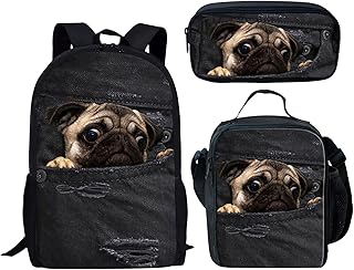 Howilath Pug Dog in Jeans Pocket 3 PCS Canvas Daypack Casual School Bag for Girls, Kids 17 Inch Backpack Set Teen Boys Shoulder School Bags Insulated Lunchbox with Pencil Case