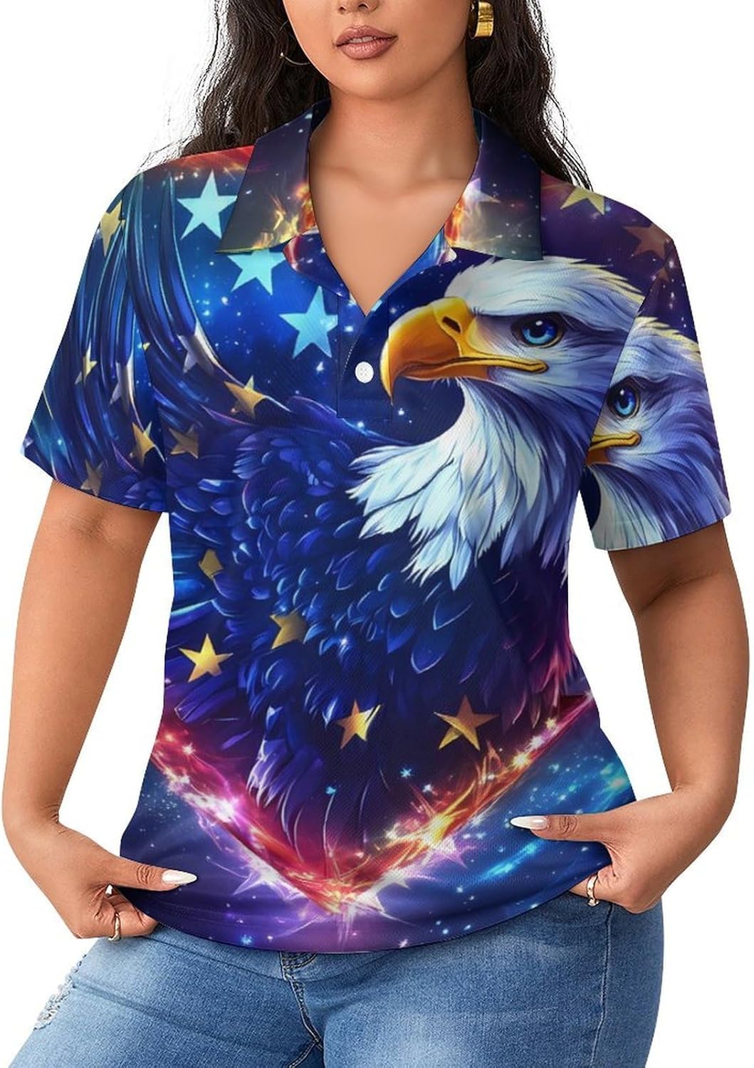 Eagle1 U.S. Flag Heart Women's Golf Polo Shirts Short Sleeve Quick Dry Tennis Tops Casual Work Blouses