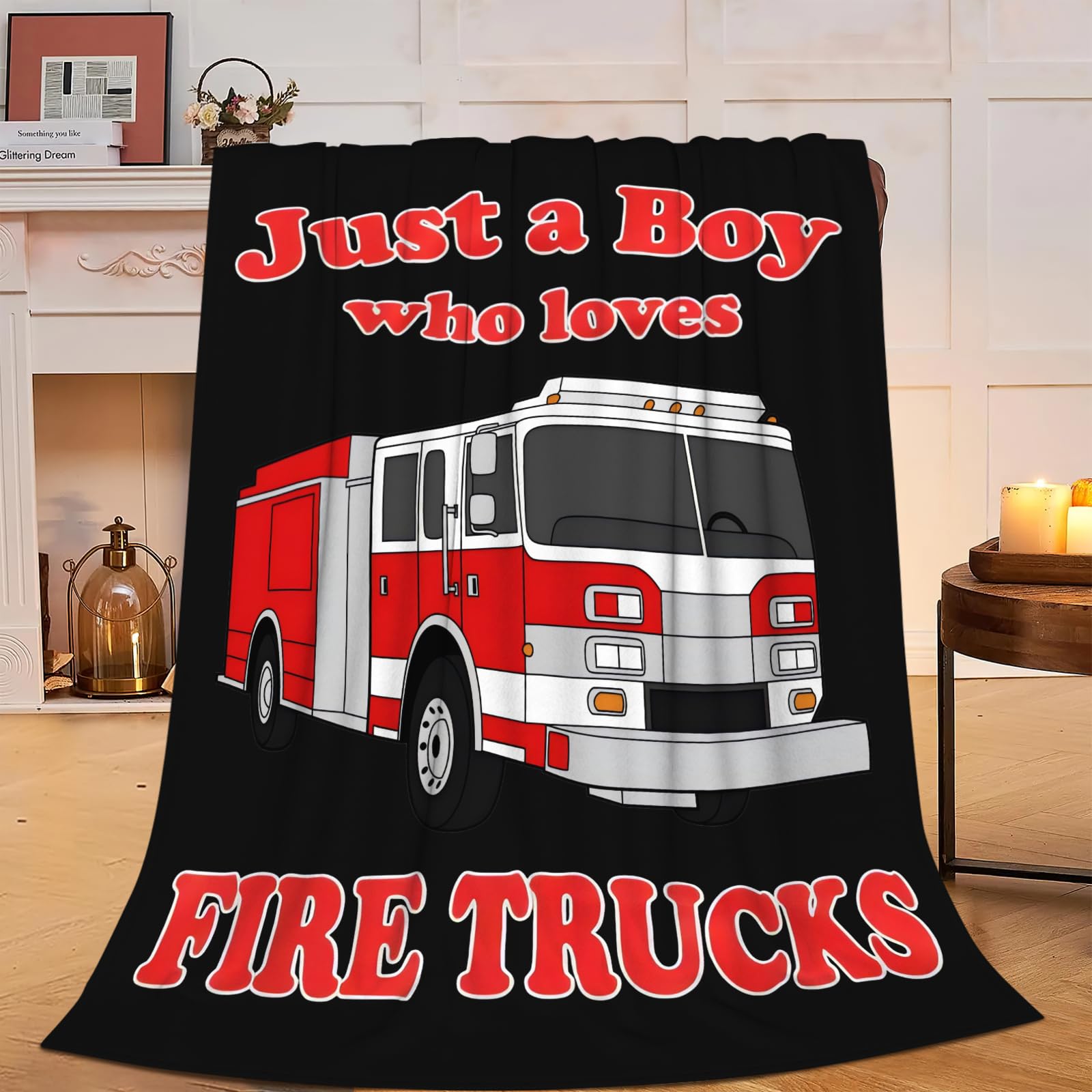 Fire Truck Blanket Soft Cozy Fire Engines Throw Blanket Gift for Boys Super Plush Warm Just a Boy Who Loves Trucks Stuff Lightweight Fleece Flannel Gift Blankets for Kids Adults 50"X40"