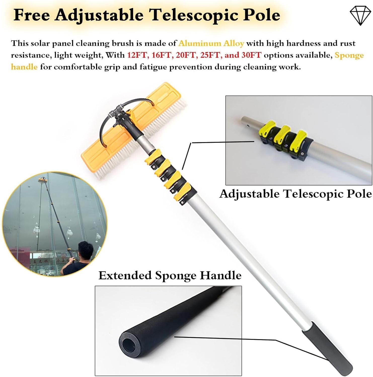 Aluminum Solar Panel Washing Brushs & Rod Kit Windows Cleaner, Telescopic Water Fed Window Cleaning Kit 30' 25 20 Feet 16 12 Ft Pole Brush, for Warehouse/Outdoor Glass((29 1/2') 9m)
