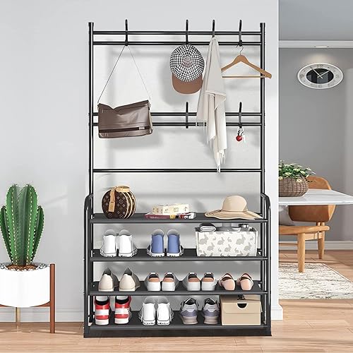 Miniatura 7 de Zapatero independiente con 8 ganchos para entrada, dormitorio, armario, 4 niveles, color negro Negro -,Blanco,https://www.amazon.com/dp/undefined