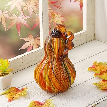 Glitzhome 8.50" H Multi Striped Glass Gourd Tabletop Ornaments for Autumn Fall & Harvest Thanksgiving Halloween Decorations