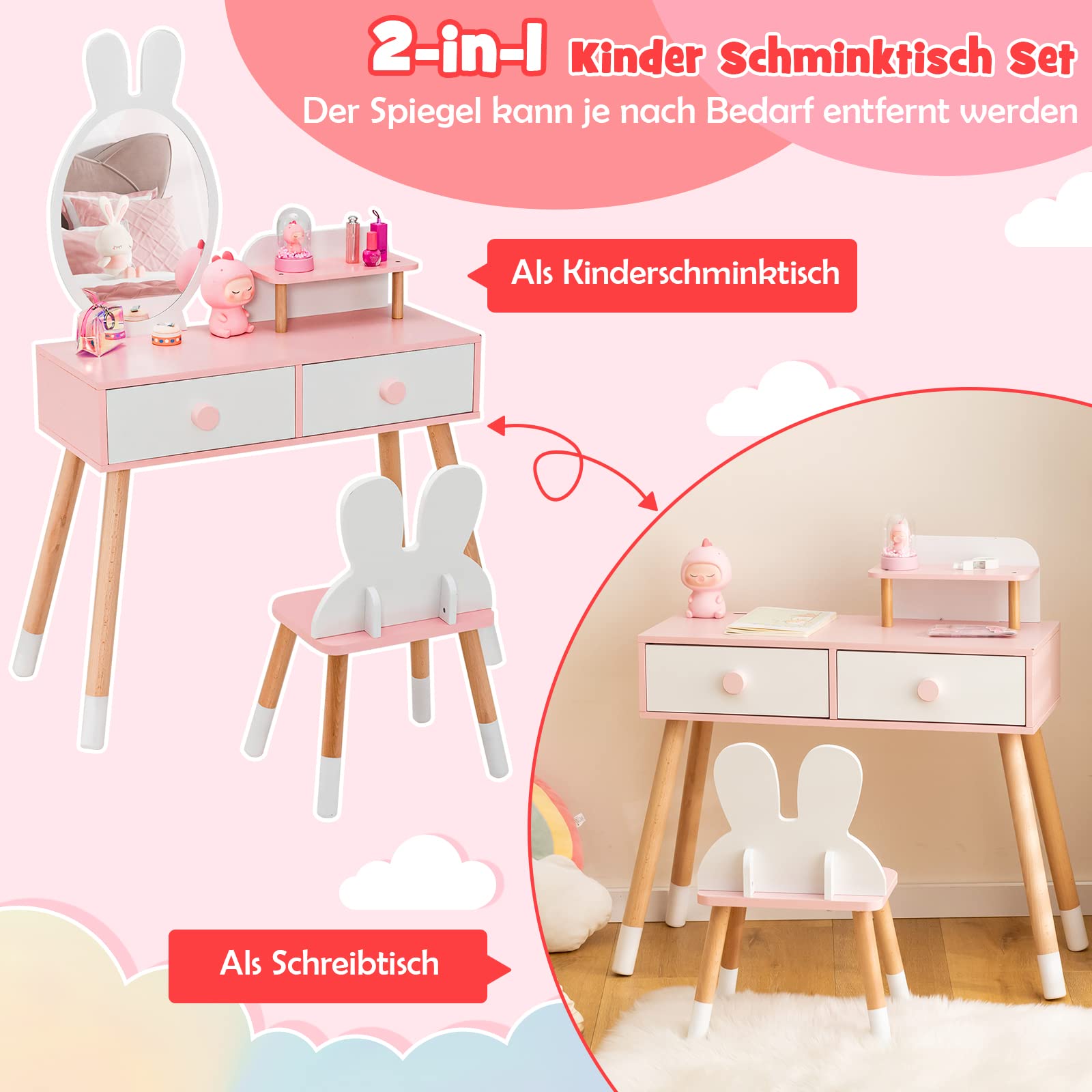 DREAMADE 2 in 1 Kinder Schminktisch mit Hocker und abnehmbarem Spiegel, Kinderschminktisch aus Holz, Prinzessin Frisiertisch Kosmetiktisch mit Schublade für Kinder Mädchen ab 3 Jahren (Weiß)