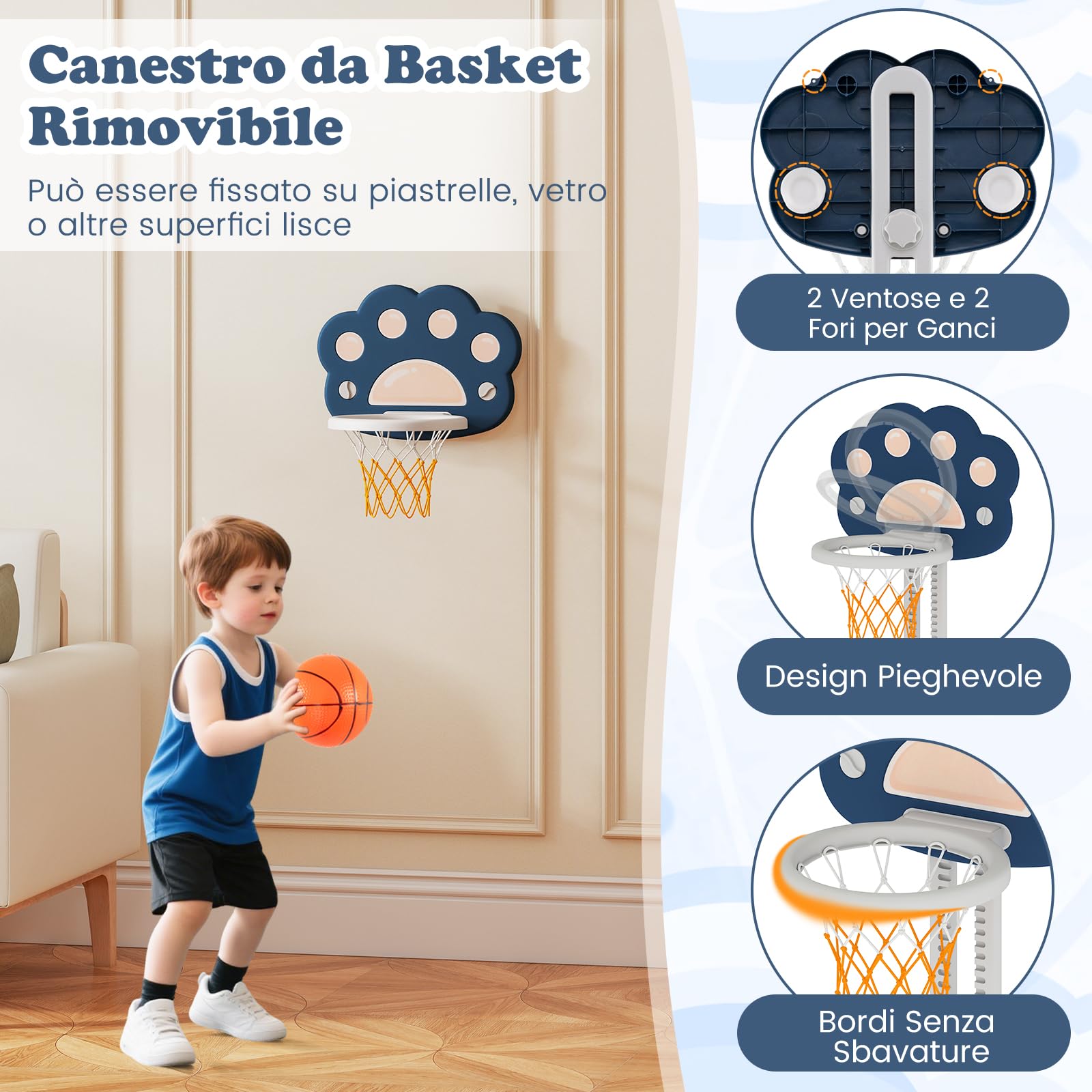 RELAX4LIFE Canestro da Basket 3 in 1 Regolabile in Altezza per Bambini, Pieghevole e Smontabile con Giochi di Calcio e Golf, Centro Sportivo per Bambini dai 3 Anni in Su (BLU)