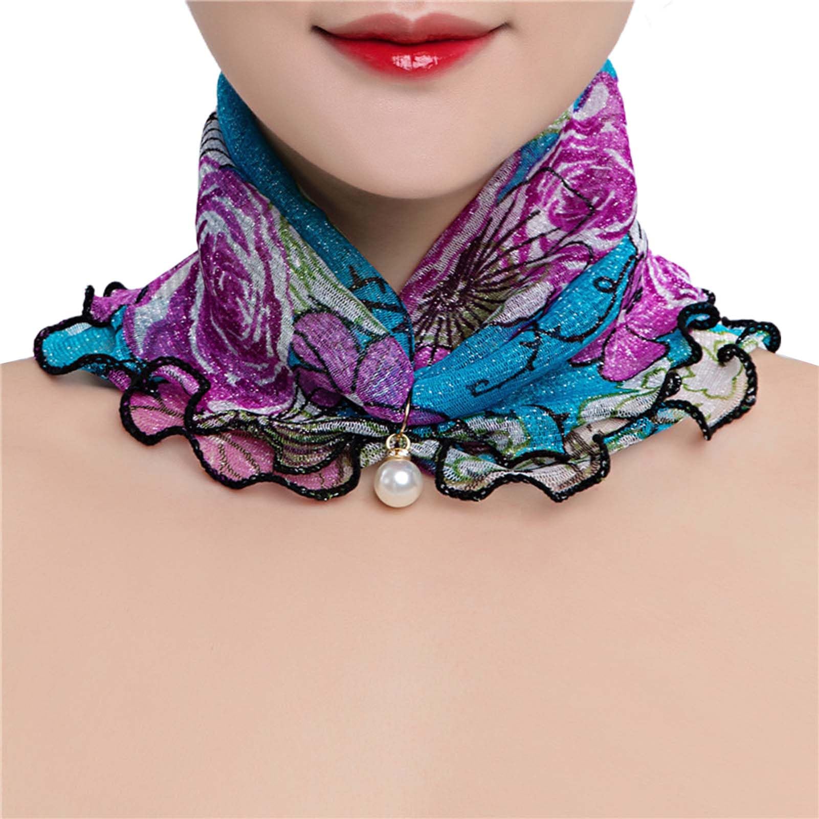 matumou Scarf Painting Print Pearl Durable Ruffle Edge Lady Headscarf for Banquet Women Scarves