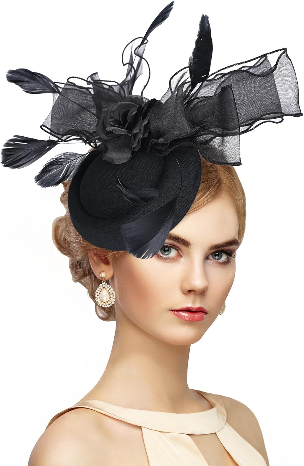 Feathers Fascinators Tea Hats - Handmade Women Ladies Cocktail Mesh Flower Derby 20s 50s Hat Acessories Black