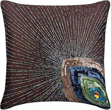 The HomeCentric Pillow Cover, Brown Decorative Pillowcase with Zipper 16x16 inch 40x40 cm Silk Couch Pillow Cover, Birds, Peacock, Peacock Feather, Art Deco, Sequins Embellished - Peacock Sparkle