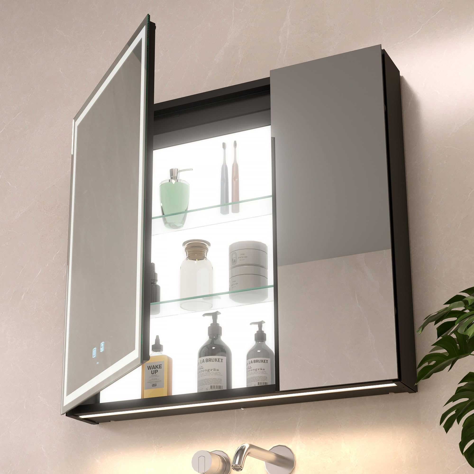 KWW LED éclairage Salle de Bains Armoire à Pharmacie avec Miroir, Température de Couleur réGlable, Anti - Buée, Prise et USB, Armoire à Pharmacie (Luminescence intérieure-2 portes-75×70)