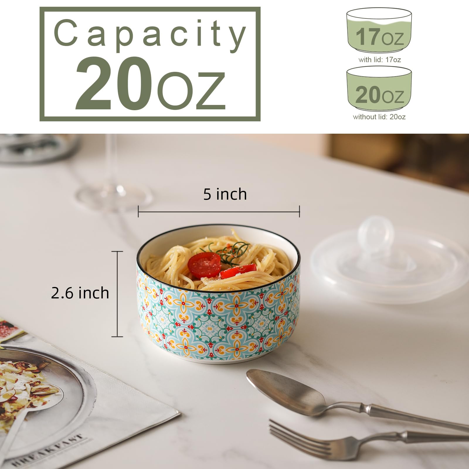 Zestaw misek ceramicznych z pokrywkami: Miski do serwowania w kuchence mikrofalowej z pokrywkami - 5-calowe miski kuchenne na lunch, piknik - pojemniki do przechowywania żywności bezpieczne w