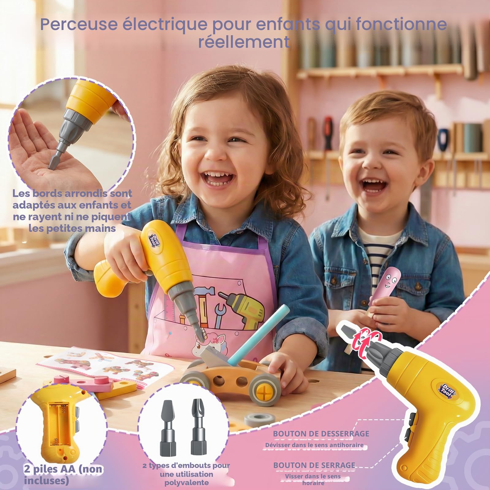 Jouet Enfant 3 ans, Jouet Fille 3 ans, Boite a Outils Enfant Montessori Jeux Enfants 3 ans, Jeux Fille 3 4 ans Bois Jouets avec Perceuse Tablier Bricolage Outils Cadeau Fille 3 4 5 ans Garçon (44 Pcs)